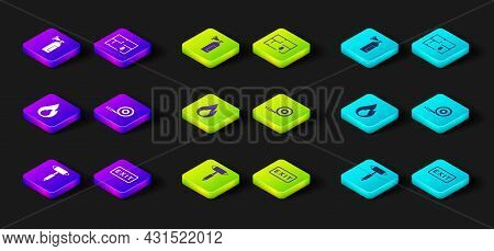 Set Firefighter Axe, Exit, Flame, Hose Reel, Evacuation Plan And Extinguisher Icon. Vector