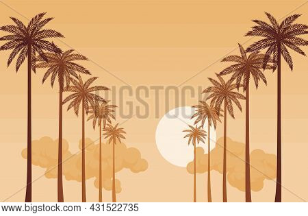 Palm Tree Row Silhouette, Sunset Sea Shore Beach Stunning Scenery. Beachside Tropical Gorgeous View,