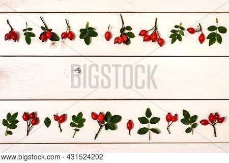 Frame Made Of Rosehip Berries With Green Leaves Stacked On The White Wooden Table. Top View.