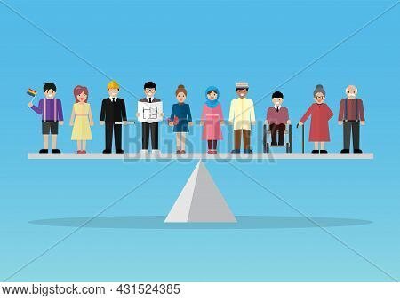 Social Issue Equality Of People Concept. Peopla Standing On Balance Scale. Vector Illustration