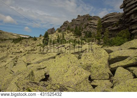 Large Kurum Stones Lie In The Forest In The Mountains, Stones Covered With Moss, Against The Backgro