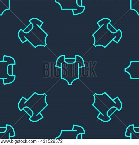Green Line Summer Beach Swimsuit Icon Isolated Seamless Pattern On Blue Background. Beach Women Fash