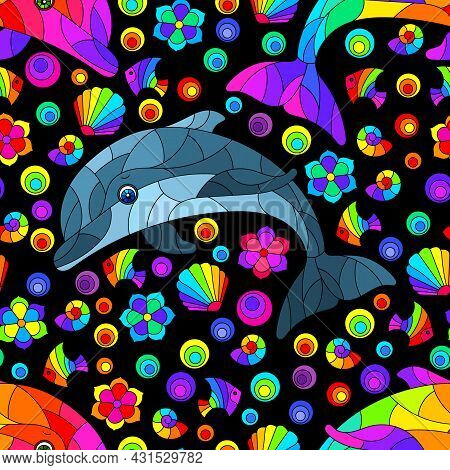 Seamless Pattern With Bright Cartoon Dolphins And Shells, Animals On A Blak Background