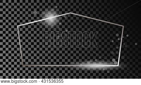 Silver Glowing Tetragon Shape Frame With Sparkles Isolated On Dark Transparent Background. Shiny Fra