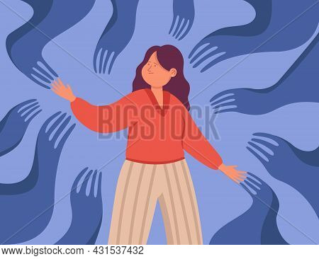 Creepy Hands Crawling Towards Female Cartoon Character. Woman Indebted Or Attached To Bad People, Co