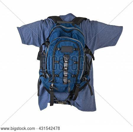 Dark Blue Backpack Dressed For Navy T-shirt Isolated On A White Background.