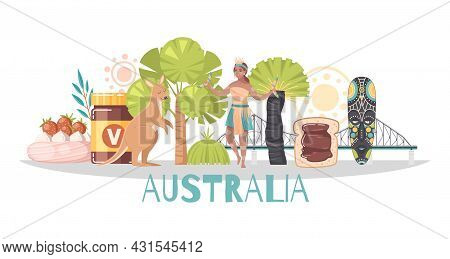 Australia Cartoon Composition With Kangaroo Vegemite Ancient Wooden Painted Mask Female Aborigine Ch