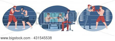 Boxing Flat Isolated Compositions With Boxers Fighting On Arena Training In Gym And Tv Screen Vector