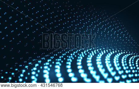 Vector Digital Technology Particle Wave In Dark Blue Abstract Background. Hi Tech Particles Network 