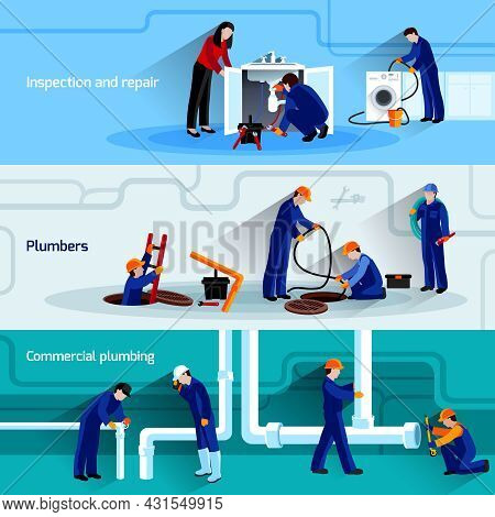 Plumber Horizontal Banner Set With Water Pipes Inspection And Repair Flat Elements Isolated Vector I