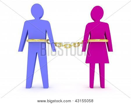 Erkek ve kadın tarafından Altın zincir bağlanır.