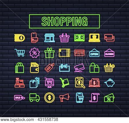 Shopping Set Neon Icon For Web Design. E Commerce. Discount Coupon. Business Icon. Price Tag. Line V