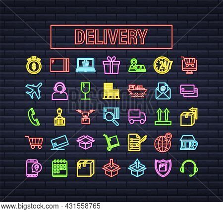 Set With Delivery Neon Icon. Delivery Service. Fast Courier. Truck Icon Set. Vector Stock Illustrati