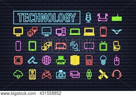 Technology Neon Icon On Dark Background. Information Technology. Digital Communication. Device Icon.