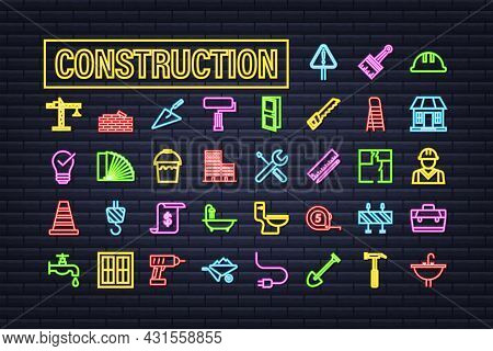 Outline Web Neon Icons Set. Construction And Home Repair Tools, Building. Work Safety. Vector Stock 