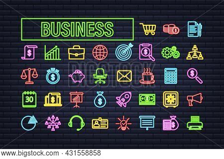 Business Neon Icon Set. Marketing Network. Money Line Icon Set. Vector Stock Illustration.