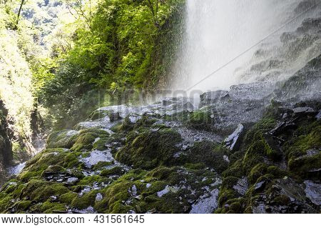 The Giant Waterfall In The Republic Of Abkhazia. A Clear Sunny Day On May 20, 2021