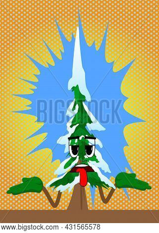 Cartoon Winter Pine Trees With Faces Shrugs Shoulders Expressing Don't Know Gesture. Cute Forest Tre