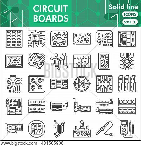 Printed Circuit Board Line Icon Set, Micro Chip Symbols Collection Or Sketches. Pcb Solid Line With 
