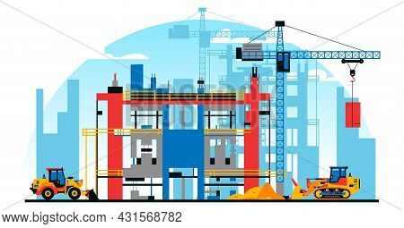 A Building Under Construction Against The Background Of A City Under Construction. A Site With Heavy