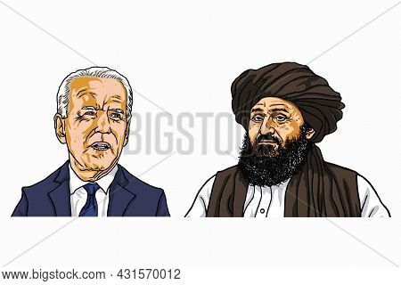 Joe Biden And Abdul Ghani Baradar, The Leader Of The Taliban Vector Cartoon Caricature Drawing Illus