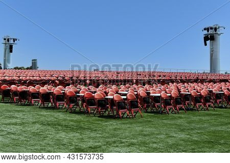 SAN DIEGO, CALIFORNIA - 25 AUG 2021: seating at the Rady Shell concert venue in Jacobs Park.
