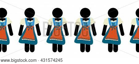 Oktoberfest Border Dirndl Dress Women. Seamless German Beer Festival Horizontal Border Pictogram. Ve