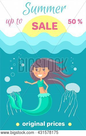 Summer Sale With Mermaid At Sea. Advertising Banner With Underwater Life Of Sea Creature. Nixie On B
