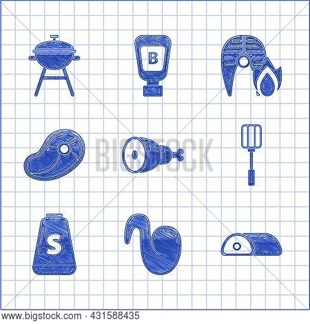 Set Chicken Leg, Fried Chicken Wing, Meat, Spatula, Salt, Steak Meat, Grilled Fish Steak And Fire Fl