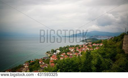 Panoramic Aerial View To Ohrid Lake And City , Konjsko, Elshani, North Macedonia
