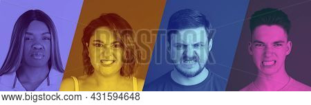 Collage Of Expressie Feelings Of Four People With Negative Emotions. Duotone Effect