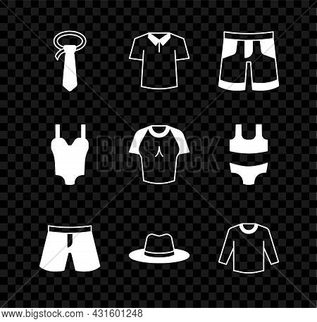 Set Tie, Shirt, Short Or Pants, Man Hat, Sweater, Swimsuit And T-shirt Icon. Vector