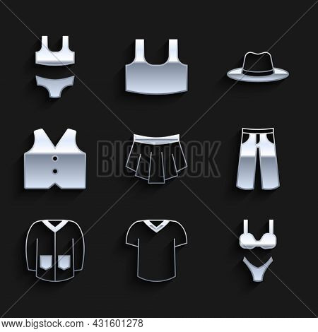 Set Skirt, T-shirt, Swimsuit, Pants, Sweater, Waistcoat, Man Hat And Icon. Vector