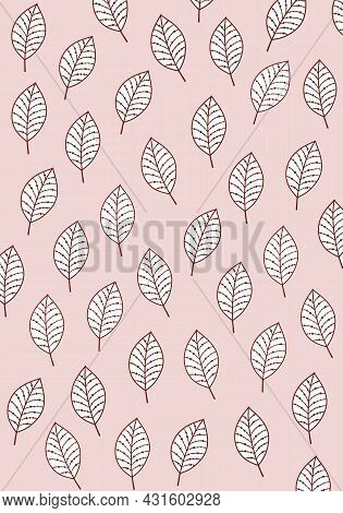 Pastel Pink Pattern, Background. Ornament Leaves Botany Flowers. Cute Paper