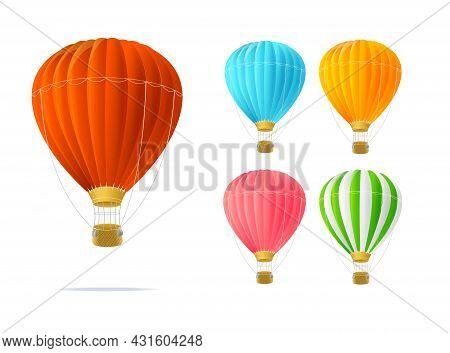 Realistic Detailed 3d Different Color Hotair Ballon With Basket Set Symbol Of Freedom. Vector Illust