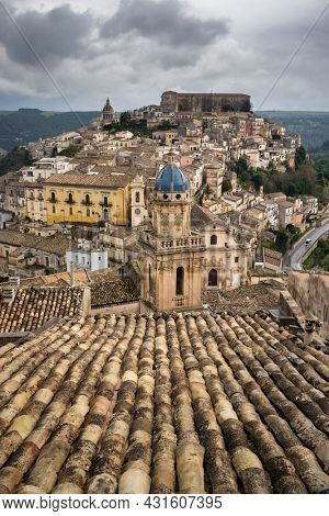 Ragusa old town cityscape at evening in Sicily, Italy