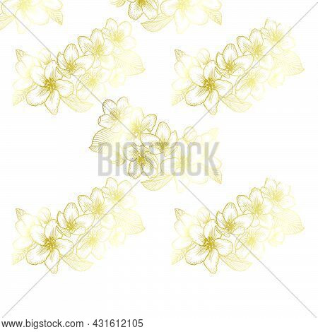 Beautiful Golden Seamless Floral Pattern With Apple Flowers Over White. Nature Botanical Gold Vector