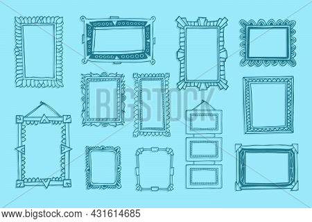 Vintage Photo Frame In Doodle Style. Vector Hand Drawn Set With Picture Frames