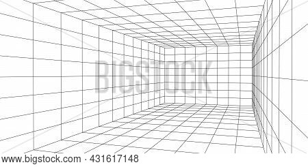 3d Wireframe Room On The White Background. Vector Perspective Grid. Box With Digital Space.