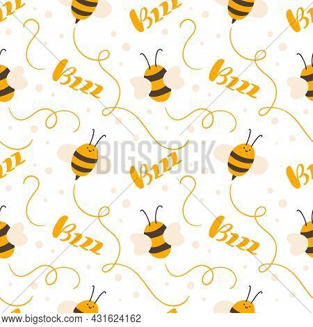 Cute Child Seamless Hand Drawn Pattern With Flying Kid Bee And Calligraphy Text Bzzz. Vector Scandin