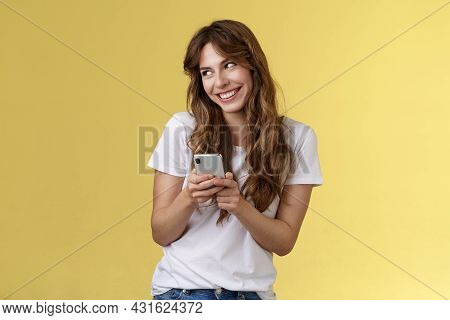 Lovely Silly Cute Flirty Girl Texting Receive Romantic Lovely Gesture Look Away Blushing Modest Smil