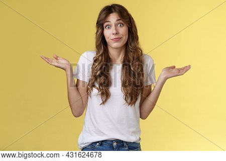 Sorry Unable Help. Clueless Apathetic Attractive Female Friend Shrugging Hands Spread Sideways Full 