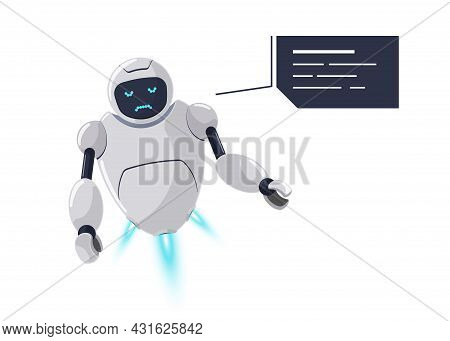 Cute Friendly Robot Character Sad And Upset Emotion. Futuristic White Chatbot Mascot Joyless By Mist