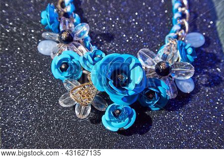 Beautiful Blue Beads. The Concept Of A Beautiful, Elegant Life And Beautiful Decoration For Woman
