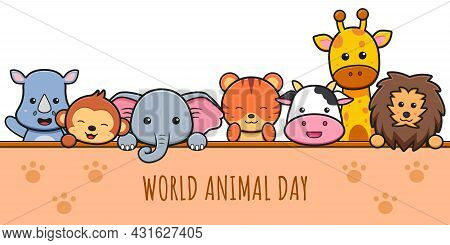 Cute Animals Celebration World Animal Day Cartoon Icon Clipart Illustration. Design Isolated Flat Ca