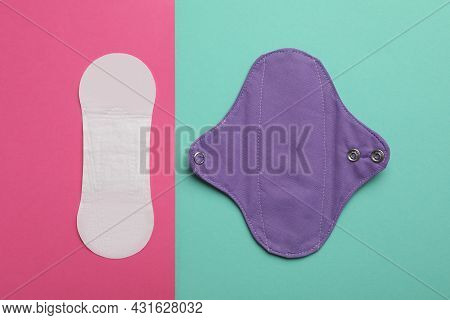 Pantyliner And Reusable Menstrual Pad On Color Background, Flat Lay