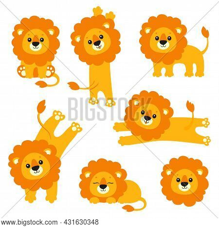 Cute Lion Set. Wild Animal. Cartoon Character. Colorful Vector Illustration. Isolated On White Backg