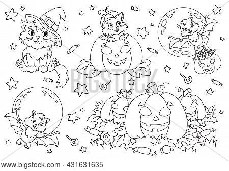 Cat In A Witch Hat, Bat, Pumpkin, Candy. Halloween Theme. Coloring Book Page For Kids. Cartoon Style
