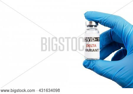 Vaccine bottles covid - 19 delta variant, vials medicine and syringe injection isolated on white. Coronavirus DELTA 2019-ncov.