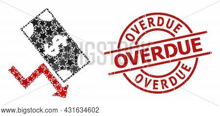 Dollar Down Trend Star Mosaic And Grunge Overdue Stamp. Red Stamp With Grunge Style And Overdue Phra